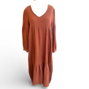 7 For All Mankind Terracotta Long Sleeve Dress 100% Cotton Resort Vacation Boho